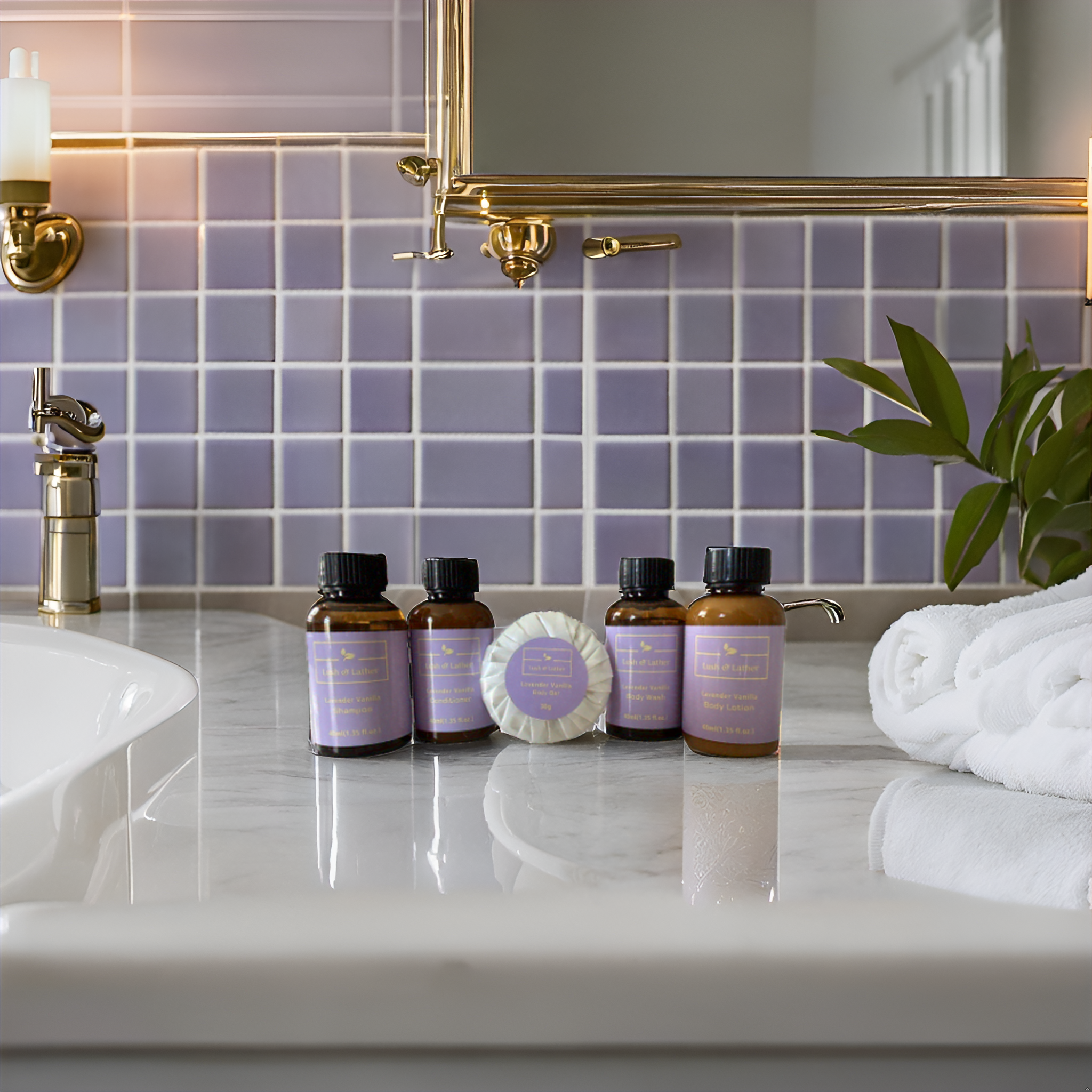 Hotel Soaps & Toiletries Travel set | Lavender Vanilla 1.35 oz. - 10 pcs | Shampoo, Body Lotion, Shower Gel, Conditioner & Body Bar
