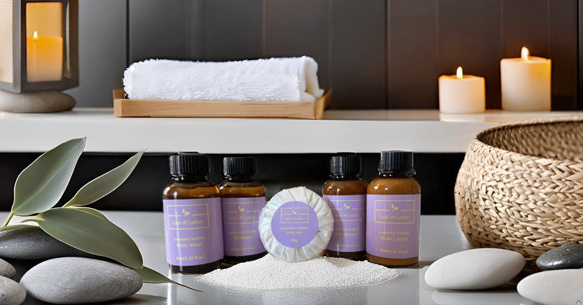 Hotel Soaps & Toiletries Travel set | Lavender Vanilla 1.35 oz. - 10 pcs | Shampoo, Body Lotion, Shower Gel, Conditioner & Body Bar