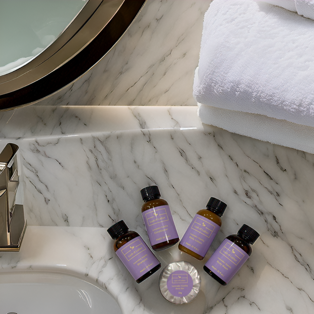 Hotel Soaps & Toiletries Bulk Set | Lavender Vanilla 1.35 oz. - 300 pcs | Shampoo, Body Lotion, Shower Gel, Conditioner & Body Bar