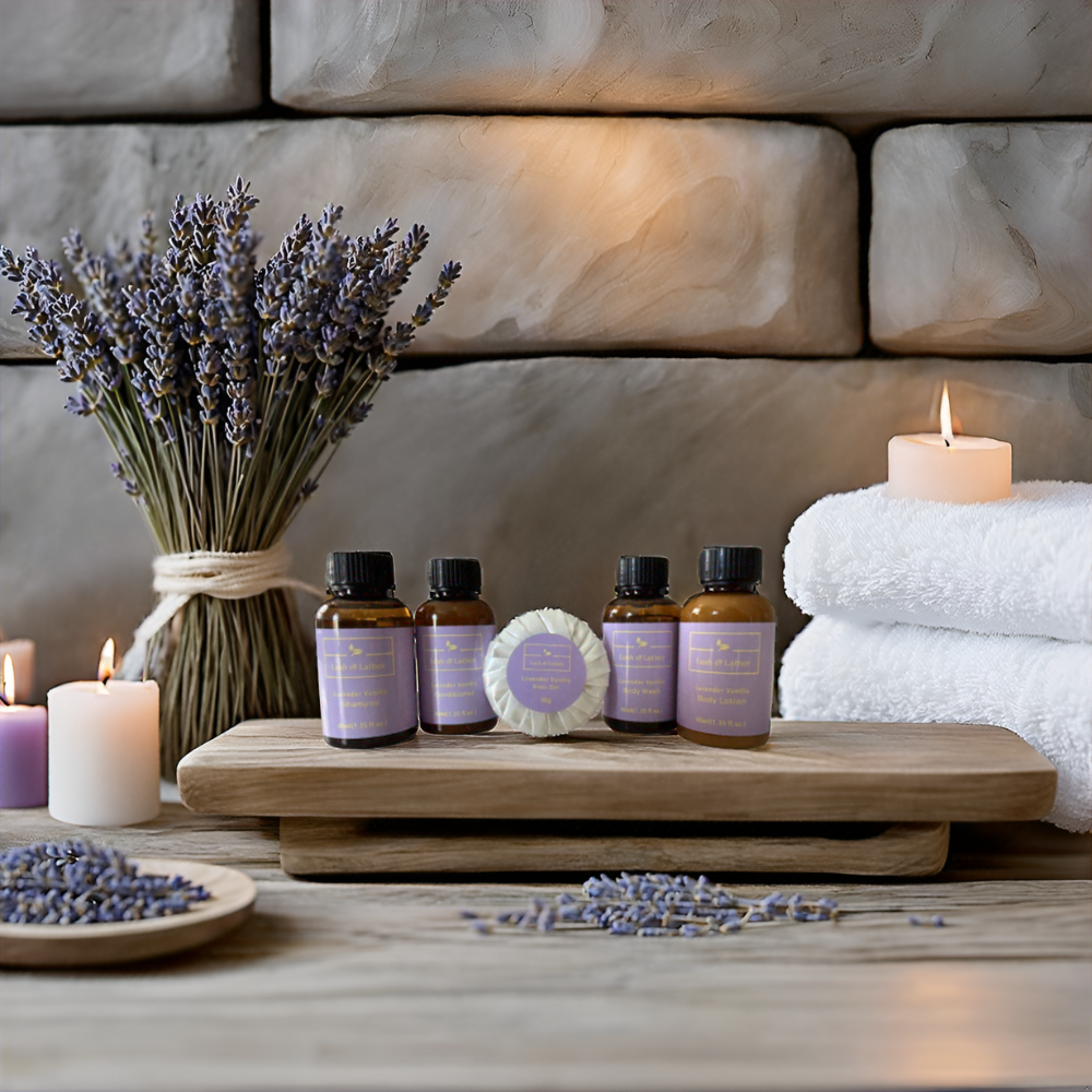 Hotel Soaps & Toiletries Bulk Set | Lavender Vanilla 1.35 oz. - 100 pcs | Shampoo, Body Lotion, Shower Gel, Conditioner & Body Bar