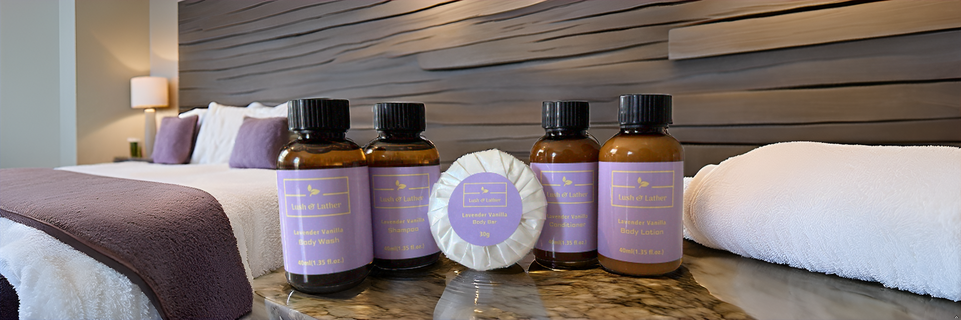 Hotel Soaps & Toiletries Bulk Set | Lavender Vanilla 1.35 oz. - 300 pcs | Shampoo, Body Lotion, Shower Gel, Conditioner & Body Bar